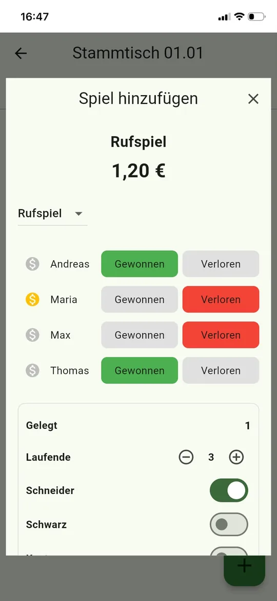 Dialog zum Eintragen eines Spiels mit Gewonnen- und Verloren-Knoepfen