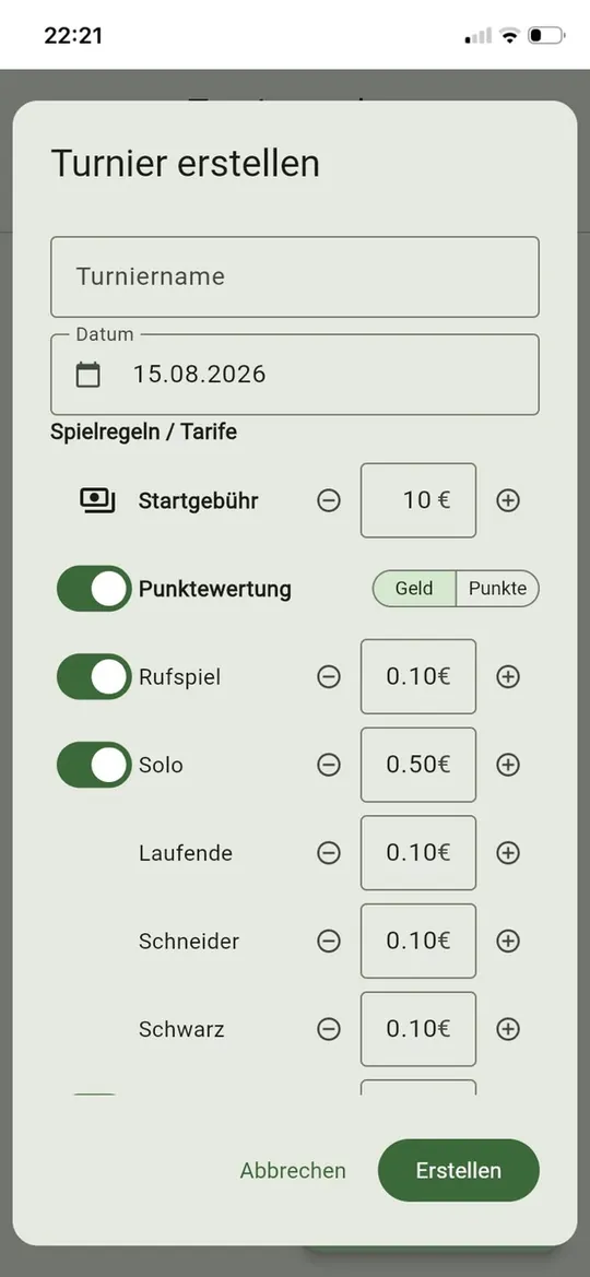 Turnier anlegen mit Name, Datum, Startgebuehr und Regeln