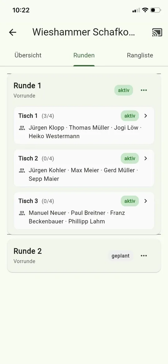 Ausgeloste Runden mit der Besetzung der Tische