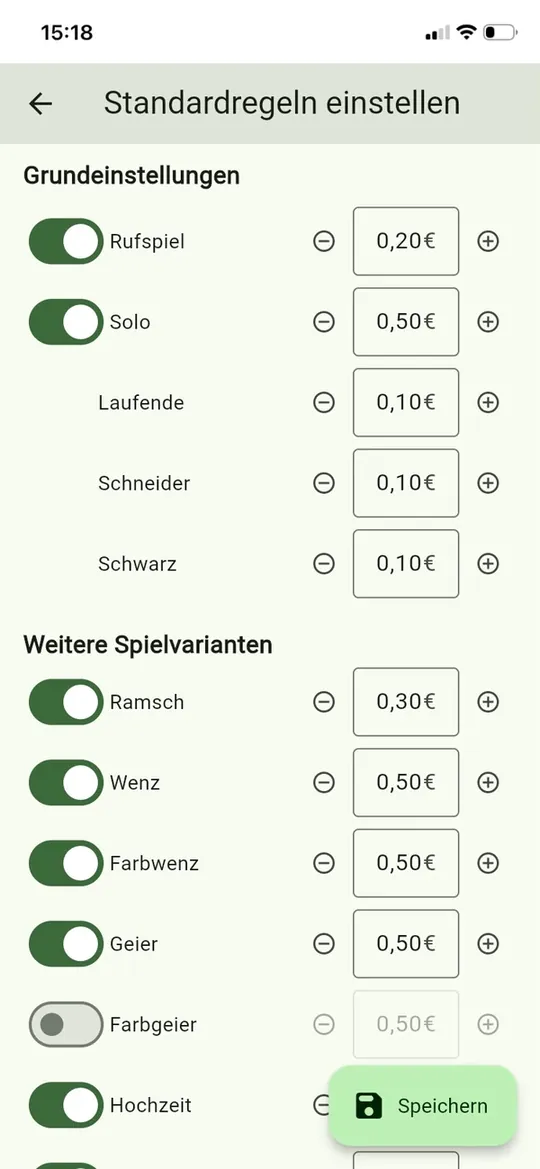 Standardregeln der Gruppe mit den Tarifen je Spielart